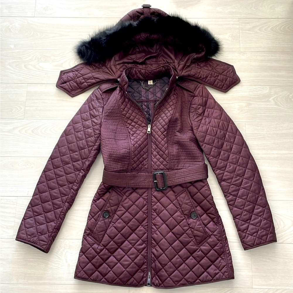 Burberry Burgundy Belted Quilted Coat/
Jacket w/ Removable Fur Hood size 4